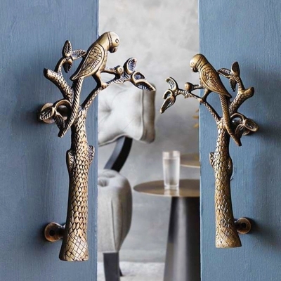 Poign&eacute;e de porte en laiton avec perroquet sur arbre, design antique, poign&eacute;e d'armoire