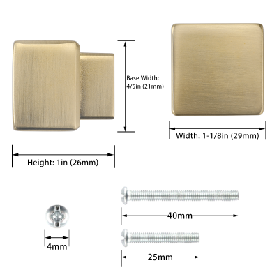 Boutons carr&eacute;s en laiton bross&eacute; dor&eacute; de 1 po, mat&eacute;riel d'armoire de cuisine, boutons de commode
