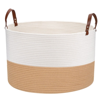 Grand panier tiss&eacute; 20 "x 13", grand panier pour couvertures, panier &agrave; serviettes rond marron et blanc