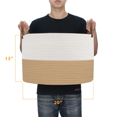 Grand panier tiss&eacute; 20 "x 13", grand panier pour couvertures, panier &agrave; serviettes rond marron et blanc