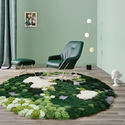 Tapis rond en laine de for&ecirc;t de mousse 3D fait &agrave; la main