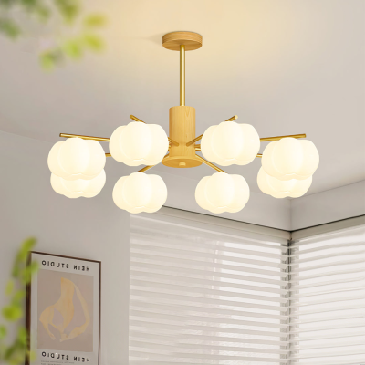 Lustre de salon cr&eacute;atif en bois avec boules de coton