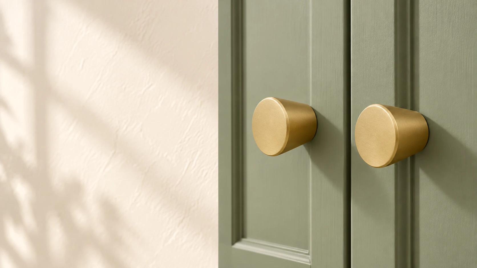 Boutons de meuble coniques dorés LS745GD sur des portes vert saugehero_1